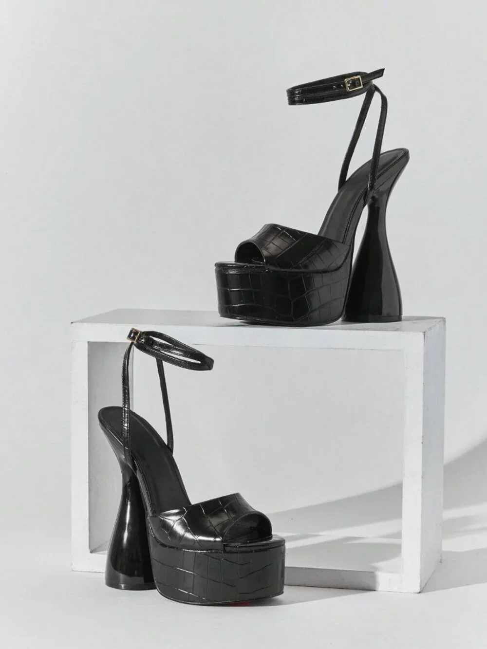 Black Casual Women's Crocodile Peep Toe Platform Easter Prom Wedding Heels